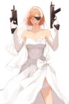  1girl anna_(anta_baka00) bangs bare_shoulders bouquet breasts bridal_veil bride brown_eyes brown_hair dress elbow_gloves eyepatch eyes_visible_through_hair flower garter_straps gloves gun hair_ornament highres holding jewelry jujutsu_kaisen kugisaki_nobara looking_at_viewer short_hair solo thighhighs veil weapon wedding_dress white_dress 