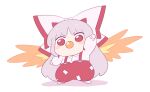  1girl arm_up bangs bow chibi eyebrows_visible_through_hair fujiwara_no_mokou guuchama hand_up long_hair long_sleeves looking_at_viewer multicolored multicolored_bow pacifier pants phoenix_wings red_bow red_eyes red_pants shirt shoes silver_hair simple_background solo standing touhou white_background white_bow white_footwear white_shirt white_sleeves wings 