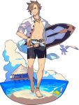  1boy anchor_symbol ankleband artist_request bangs barefoot beach belt bird blue_eyes blue_ribbon bracelet brown_hair closed_mouth cloud clownfish collarbone day fish full_body groin hand_on_hip happy highres holding holding_surfboard jewelry lazaret_(world_flipper) leg_up looking_at_viewer male_focus male_swimwear navel necklace non-web_source ocean official_art open_clothes open_shirt outdoors ribbon sand seagull shiny shiny_hair shirt short_hair short_sleeves sidelocks sleeves_rolled_up smile solo standing standing_on_one_leg stilt_house stomach surfboard swim_trunks toned toned_male transparent_background v-shaped_eyebrows walking water white_shirt world_flipper 
