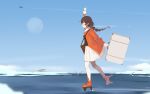  1girl animal_on_head bag bangs blush braid breasts briefcase brown_hair bunny bunny_on_head crossover day from_side holding ice jacket kantai_collection long_hair long_sleeves miffy miffy_(character) on_head orange_footwear orange_jacket outdoors pantyhose pleated_skirt profile rudder_footwear shin_(new) shoulder_bag sidelocks single_braid skirt sky small_breasts souya_(kancolle) water white_legwear white_skirt 