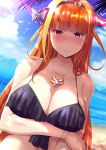  1girl arm_under_breasts beach bikini black_bikini blonde_hair blush bow bracelet breasts cleavage cloud dragon_horns embarrassed eyebrows_visible_through_hair gem hairband hololive horns jewelry kiryu_coco large_breasts leaf long_hair ocean orange_hair outdoors pendant pony_r red_eyes sand sky solo striped striped_bow sunlight swimsuit virtual_youtuber 