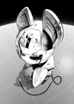  absurdres animal_ears cable_tail commentary_request crack dirty fake_animal_ears fisheye from_above full_body greyscale hatching_(texture) highres komiyama_sato_(pensmiler) looking_at_viewer medarot monochrome no_humans pepper_cat robot 