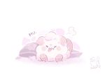  =3 annoyed artist_name blush closed_eyes commentary_request creature full_body gen_6_pokemon highres no_humans paws pokemon pokemon_(creature) signature sitting solo swirlix toes tongue tongue_out wavy_mouth zaber_(littlesuzume) 