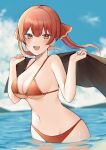  1girl absurdres bangs bikini blush breasts cleavage hair_ribbon heterochromia highres hololive houshou_marine large_breasts long_hair looking_at_viewer navel nerua red_eyes red_hair ribbon smile solo swimsuit twintails virtual_youtuber yellow_eyes 