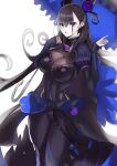  1girl akatsuki_ikki bangs black_dress black_eyes black_hair breasts curly_hair dress eyebrows_behind_hair fate/grand_order fate_(series) hair_between_eyes highres holding holding_umbrella large_breasts long_hair looking_at_viewer murasaki_shikibu_(fate) open_mouth simple_background solo umbrella very_long_hair white_background 