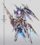  1girl absurdres black_gloves breasts cleavage floating floating_hair gloves grey_background highres holding holding_lance holding_polearm holding_weapon lance long_hair mecha_musume open_hand original polearm purple_eyes purple_hair science_fiction solo tamasi thrusters v-shaped_eyebrows weapon 