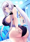  1girl 3girls ahoge ass azur_lane bangs bare_arms bare_shoulders blue_eyes blurry blush breasts depth_of_field eyebrows_visible_through_hair from_behind hair_ornament highres illustrious_(azur_lane) indoors large_breasts long_hair looking_at_viewer looking_back mole mole_under_eye multiple_girls one-piece_swimsuit parted_lips pool purple_swimsuit sleeveless solo swimsuit twintails wee_(weeyy) white_hair 