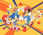  6+boys :d :o black_eyes closed_eyes dual_persona flying fox_boy gloves green_eyes grin happy high_five highres knuckles_the_echidna michiyoshi mighty_the_armadillo multiple_boys open_mouth ray_the_flying_squirrel red_footwear shoes smile sneakers sonic_(series) sonic_mania sonic_the_hedgehog sonic_the_hedgehog_(classic) squirrel_boy tail tails_(sonic) white_gloves 