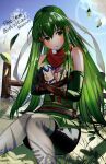  1girl absurdres bangs bare_shoulders belt blue_sky blush catria_(fire_emblem) chil0107 cloud doll elbow_gloves est_(fire_emblem) fire_emblem fire_emblem:_mystery_of_the_emblem fire_emblem:_shadow_dragon_and_the_blade_of_light gloves green_eyes green_hair hair_between_eyes headband highres holding long_hair palla_(fire_emblem) red_scarf scarf sitting sky sleeveless solo very_long_hair white_headband 