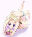  bad_id bad_pixiv_id barefoot flat_chest foreshortening handheld_game_console hands highres hiiragi_tsukasa lucky_star nipples p.k. playing_games playstation_portable purple_hair solo video_game 