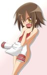 angry brown_eyes brown_hair clothes_in_front covering embarrassed fang kusakabe_misao lucky_star nori-jiru nude nude_cover ryouou_school_uniform school_uniform serafuku short_hair solo 