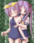  arm_grab assisted_exposure bangs bare_shoulders blue_eyes blush bow breasts chain-link_fence closed_eyes covered_nipples day fence flat_chest frown hair_bow hairband hiiragi_kagami hiiragi_tsukasa hitochigai incest long_hair lucky_star miniskirt multiple_girls nature naughty_face necktie nipples off_shoulder one-piece_swimsuit one_breast_out outdoors parted_bangs pleated_skirt pulled_by_another purple_hair ryouou_school_uniform school_swimsuit school_uniform serafuku short_hair siblings sidelocks sisters skirt small_breasts smile standing striped swimsuit swimsuit_pull thigh_gap twincest twins twintails undressing very_long_hair wince yellow_bow yellow_hairband yellow_neckwear yuri 