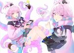  1girl arknights black_footwear blue_hair boots cake candy cup doughnut fang food fruit hair_ornament handheld_game_console holding holding_candy holding_food holding_lollipop iced_tea jacket kirara_(arknights) lemon lemon_slice lollipop monster_girl multicolored_hair multiple_views open_mouth pink_eyes pink_hair pink_jacket plate pointy_ears scylla short_hair tentacles ufoliving white_background 