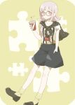  1girl alternate_costume bangs black_footwear blunt_bangs bright_pupils character_print commentary_request cup danganronpa_(series) danganronpa_2:_goodbye_despair disney drinking_straw flipped_hair full_body glasses holding holding_cup loafers long_sleeves looking_at_viewer loose_socks medium_hair mickey_mouse mikuni_(open-ranka) nanami_chiaki pink_eyes pink_hair puzzle_piece shirt shoes short_sleeves shorts simple_background socks solo standing suspender_shorts suspenders white_pupils 