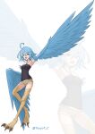  1girl absurdres ahoge bangs bare_shoulders bird_legs black_blouse blouse blue_feathers blue_hair blue_wings breasts commentary_request covered_navel digitigrade eyebrows_visible_through_hair feathered_wings feathers hair_between_eyes harpy highres monster_girl monster_musume_no_iru_nichijou navel open_mouth outstretched_arm papi_(monster_musume) short_hair short_shorts shorts simple_background sleeveless_blouse small_breasts smile solo talons toyyot twitter_username white_background winged_arms wings yellow_eyes 