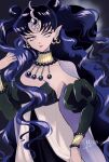  1girl bishoujo_senshi_sailor_moon black_hair crescent crescent_earrings detached_sleeves double_bun earrings forehead_jewel highres jewelry lips long_hair looking_at_viewer mizu_(rain-mbdn) nehelenia_(sailor_moon) pink_lips solo upper_body wavy_hair 