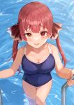  1girl absurdres bangs bare_shoulders blue_swimsuit blush breasts cleavage collarbone covered_navel eyebrows_visible_through_hair hair_between_eyes hair_ribbon haru_yu heterochromia highres hololive houshou_marine large_breasts long_hair looking_at_viewer one-piece_swimsuit open_mouth pool red_eyes red_hair red_ribbon ribbon school_swimsuit solo swimsuit twintails virtual_youtuber water wet yellow_eyes 