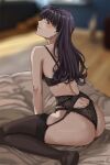  1girl ass bed blurry blurry_background blush bra earrings garter_belt highres jewelry katsuragi_misato lingerie long_hair looking_at_viewer looking_back neon_genesis_evangelion purple_hair ryudraw signature smile solo thighhighs thong underwear 