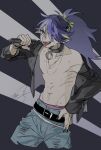  1boy belt black_belt black_choker black_jacket blue_pants choker cowboy_shot dated drruraguchi fengxi_(the_legend_of_luoxiaohei) highres holding holding_microphone jacket jewelry male_focus microphone navel necklace no_shirt pants pointy_ears ponytail purple_hair solo sweat the_legend_of_luo_xiaohei tongue tongue_out 