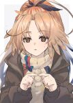  1girl arknights beige_sweater black_jacket bow commentary feather_hair fingers_together highres jacket konota_ko long_hair looking_at_viewer open_clothes open_jacket orange_eyes orange_hair pinecone_(arknights) ponytail solo upper_body 