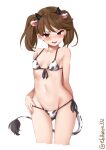  1girl animal_ears animal_print bikini blush breasts brown_eyes brown_hair cameltoe collarbone cow_ears cow_horns cow_print cow_tail ebifurya eyebrows_visible_through_hair groin highres horns kantai_collection long_hair looking_at_viewer open_mouth ryuujou_(kancolle) simple_background small_breasts solo swimsuit tail twintails twitter_username white_background white_bikini 