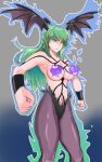  absurdres alternate_costume aura bare_shoulders breast_tattoo capcom censored crossover demon_girl gigaz701n green_eyes green_hair head_wings heart heart_censor highres long_hair morrigan_aensland navel orochi_(kof) pants possessed slit_pupils snk standing tattoo the_king_of_fighters the_king_of_fighters_&#039;97 vampire_(game) wings wrist_guards 