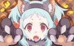  1girl animal_ears blue_hair blush gloves hair_ornament halloween looking_at_viewer miyako_(princess_connect!) open_mouth princess_connect! red_eyes seryu_oekaki solo wolf_ears 