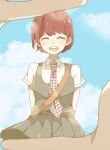  1girl :d ^_^ bangs blue_sky blurry blurry_foreground blush closed_eyes cloud collared_shirt commentary_request danganronpa_(series) danganronpa_2:_goodbye_despair day depth_of_field freckles happy koizumi_mahiru mikuni_(open-ranka) necktie open_mouth outdoors red_hair shirt short_hair short_sleeves skirt sky smile solo_focus vest white_shirt 