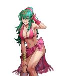  1girl absurdres bikini bracelet breasts cleavage fingerless_gloves fire_emblem fire_emblem_heroes gloves green_eyes green_hair highres jewelry large_breasts looking_at_viewer navel pink_bikini pink_gloves pointy_ears ponytail saiykik side-tie_bottom sidelocks smile swimsuit tiki_(fire_emblem) 