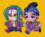  2boys aqua_hair black_jacket black_pants blue_eyes blue_hair bug earrings grey_jacket hair_between_eyes half-closed_eyes highres iccoco insect jacket jewelry ladybug long_sleeves multiple_boys original pants purple_pants simple_background smile yellow_background yellow_eyes 