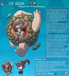  blue_hair brown_hair english_commentary english_text gen_1_pokemon golem_(pokemon) hat hat_feather highres kinkymation monster_girl open_mouth poke_ball pokemon rock 