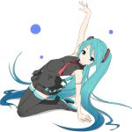  1girl aqua_eyes aqua_hair arm_support arm_up bare_shoulders belt black_shirt black_skirt blue_hair blush boots commentary gradient_hair hair_ornament hatsune_miku kneeling leaning_back long_hair looking_at_viewer mikumikudance miniskirt multicolored_hair outstretched_arm pleated_skirt shadow shirt shoulder_tattoo skirt sleeveless sleeveless_shirt smile solo soukun_s tattoo thigh_boots thighhighs twintails very_long_hair vocaloid vocaloid_(lat-type_ver) white_background zettai_ryouiki 