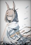  1girl animal_ear_fluff animal_ears arknights armband bunny_ears coat commentary frostnova_(arknights) grey_eyes grey_hair hair_over_one_eye hakoiriniwaka highres hood hood_down long_hair looking_at_viewer looking_back ribbon scar scar_on_face scar_on_nose smile solo upper_body white_background white_coat yellow_ribbon 