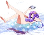  1girl arm_up bangs bikini blue_bow book bow bra breasts crescent crescent_hair_ornament eichi_yuu eyebrows_visible_through_hair hair_bow hair_ornament hand_up legs_up long_hair looking_at_viewer lying medium_breasts open_book open_mouth panties patchouli_knowledge purple_bikini purple_bra purple_eyes purple_hair purple_panties red_bow solo swimsuit touhou underwear water 