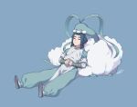  1boy altaria black_footwear blue_background blue_hair closed_eyes fluffy full_body gen_3_pokemon hands_together long_hair lying pokemon pokemon_(creature) rkp shadow shoes short_sleeves signature simple_background the_legend_of_luo_xiaohei wuxian_(the_legend_of_luoxiaohei) 
