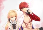  1boy 1girl ahoge artoria_pendragon_(all) artoria_pendragon_(caster)_(fate) bangs bare_shoulders blonde_hair blush brown_eyes cape cup drinking emiya_shirou eyebrows_visible_through_hair fate/grand_order fate_(series) green_eyes holding holding_cup igote limited/zero_over red_hair sengo_muramasa_(fate) shiro_font signature smile spiked_hair tea toned toned_male twintails twitter_username yunomi 