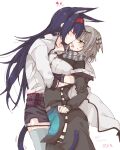  2girls animal_ears arknights blaze_(arknights) blue_hair breasts closed_eyes commentary_request eyebrows_visible_through_hair grey_hair greythroat_(arknights) highres hug karasuto long_hair multiple_girls saliva saliva_swap tail yuri 