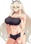  1girl abs bangs bare_shoulders biceps black_shorts black_sports_bra blonde_hair blue_eyes breasts cleavage collarbone fate/grand_order fate_(series) gawain_(fairy_knight)_(fate) highres horns large_breasts long_hair looking_at_viewer micro_shorts muscular muscular_female navel pononozo shorts solo sports_bra thighs toned 