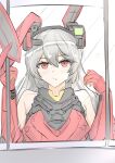  1girl absurdres bangs bare_shoulders blush charolic_(girls&#039;_frontline_2) female_pov girls&#039;_frontline_2:_exilium grey_hair highres long_hair mechanical_ears mirror muteppona_hito pov red_eyes solo very_long_hair 