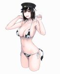  1girl akitsu_maru_(kancolle) alternate_costume animal_costume animal_ears animal_print arms_up bangs bare_arms bare_shoulders bikini black_hair black_headwear blush breasts brown_eyes cleavage collarbone commentary_request cow_costume cow_ears cow_girl cow_print cow_tail cropped_legs eyebrows_visible_through_hair hat highres horns kantai_collection large_breasts looking_at_viewer lowleg lowleg_bikini navel open_mouth peaked_cap print_bikini short_hair side-tie_bikini sideboob simple_background skindentation smile solo string_bikini swimsuit tail white_background yuuji_(and) 