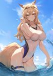  1girl absurdres animal_ears arknights bare_arms bare_shoulders blonde_hair blue_sky breasts brown_eyes cloud commentary covered_navel cowboy_shot day eyewear_on_head hand_up highres large_breasts long_hair molyb nearl_(arknights) nearly_naked_ribbon one-piece_swimsuit sky solo standing sunglasses swimsuit tail thigh_strap thighs wading water white_swimsuit 