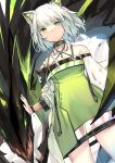  1girl 1other animal_ear_fluff arknights bare_shoulders breasts chinese_commentary collar collarbone commentary cowboy_shot detached_collar dress dutch_angle green_collar green_dress green_eyes green_hair kal&#039;tsit_(arknights) looking_at_viewer lynx_ears mon3tr_(arknights) monster off-shoulder_dress off_shoulder oripathy_lesion_(arknights) petting see-through short_hair small_breasts stethoscope ta_nuki watch white_sleeves wristwatch 