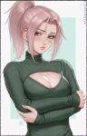  1girl artist_name breasts chloe_(sciamano240) cleavage cleavage_cutout clothing_cutout crossed_arms earrings fingernails freckles green_shirt jewelry large_breasts long_sleeves original pink_eyes pink_hair ponytail pout sciamano240 shirt signature standing sweater turtleneck turtleneck_sweater 