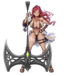  1girl abs arm_tattoo asymmetrical_clothes axe barefoot_sandals battle_axe bikini breasts forehead_tattoo full_body gloves hand_on_hip holding holding_axe holding_weapon huge_breasts huge_weapon leg_tattoo long_hair looking_at_viewer mappaninatta muscular muscular_female pawahara_seijo red_hair single_glove solo swimsuit tattoo weapon white_background yellow_eyes 