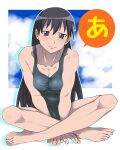  1girl a azumanga_daioh bare_arms bare_legs bare_shoulders barefoot black_eyes black_hair black_swimsuit breasts cleavage closed_mouth collarbone fingernails full_body highres indian_style leaning_forward light_blush long_hair looking_at_viewer medium_breasts one-piece_swimsuit sakaki school_swimsuit shiruko_jiru sitting smile solo swimsuit toenails toes very_long_hair 