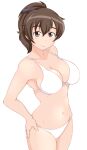  1girl bangs bikini black_ribbon breasts brown_eyes brown_hair cleavage closed_mouth cowboy_shot eyebrows_visible_through_hair girls_und_panzer hair_ribbon hand_on_hip koyama_yuzu large_breasts looking_at_viewer medium_hair navel ribbon short_ponytail simple_background skindentation smile solo standing swimsuit tanaka_rikimaru white_background white_bikini 