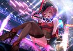  1girl absurdres arena ascot bare_shoulders bicorne bodystocking boots breasts cleavage crossed_legs glowstick hat heterochromia hido_(meori_apu_da) highres hololive houshou_marine legs microphone pirate_hat red_hair smile solo stage_lights thighhighs twintails virtual_youtuber 