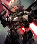  1girl apex_legends armor bodysuit expressionless gloves grey_bodysuit grey_eyes grey_gloves grey_hair hair_behind_ear jetpack looking_to_the_side mechanical_wings science_fiction short_hair solo tarbo_(exxxpiation) valkyrie_(apex_legends) wings 
