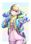  1girl \m/ apex_legends bangs blonde_hair blue_eyes blue_gloves blue_jacket bodysuit bon_(bonbon315) cable eyebrows_visible_through_hair gloves highres hood hooded_jacket jacket kawaii_voltage_wattson one_eye_closed open_mouth pink_bodysuit pink_headwear ribbed_bodysuit rock scar scar_on_cheek scar_on_face smile solo thigh_strap wattson_(apex_legends) yellow_bodysuit 