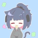  1girl :3 =_= animal_ears arknights black_jacket black_shirt blue_background blue_hair candy cat_ears cat_girl cat_tail chibi closed_eyes colored_inner_hair eating food happy headset implied_extra_ears jacket jessica_(arknights) lollipop long_hair mizutsune_suki multicolored_hair open_clothes open_jacket outline pink_hair ponytail shirt simple_background solo tail tears translated two-tone_hair upper_body white_outline 